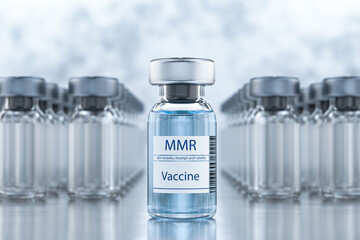 Concept of medicine and healthcare. Vaccination against measles, mumps and rubella. MMR vaccine in glass ampul. Vials with doses of measles, mumps and rubella vaccine. 3d render.