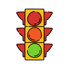 Traffic Light Handdrawn style, vertical stoplight with red yellow and green lights, ideal for traffic control driving visuals and safety illustrations
