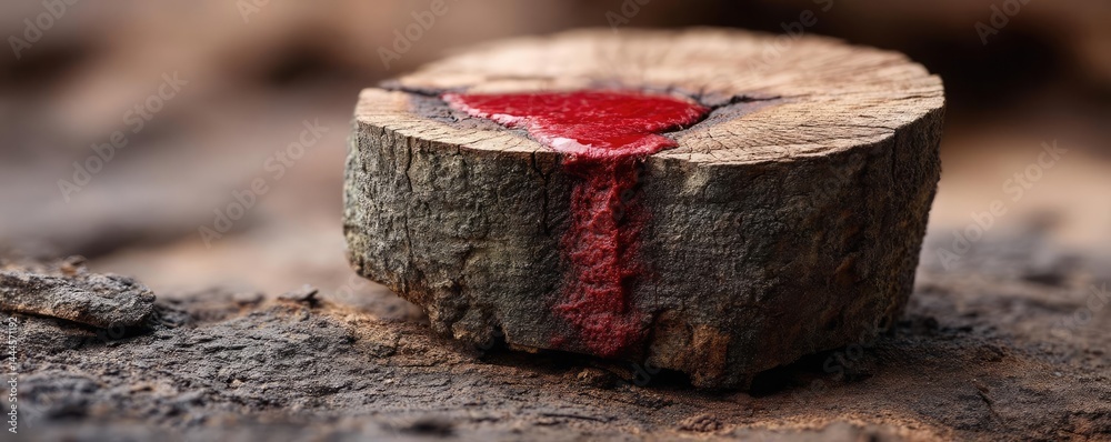 Poster tree stump exposing illegal forest damage and biodiversity loss concept. close-up of a tree stump wi