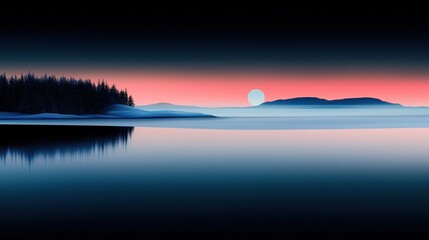 A serene landscape depicting sunset over calm waters and mountains
