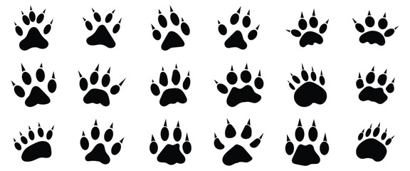 Fototapeta premium Webwildlife, beasts, footprints, trails, vector, animals, footmarks, paws, prints, cow, bear, goat, sheep, avian, creatures, deer, fox, black, paw, white, background, pattern, set, icon, imprint, foo