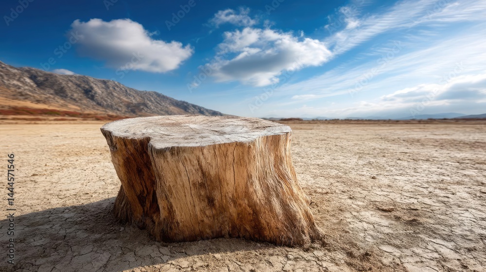 Poster Tree stump representing environmental damage and forest decline concept. A weathered tree stump in a barren landscape under a bright sky.