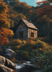 Secluded Stone Cabin Nestled in Vibrant Autumn Forest