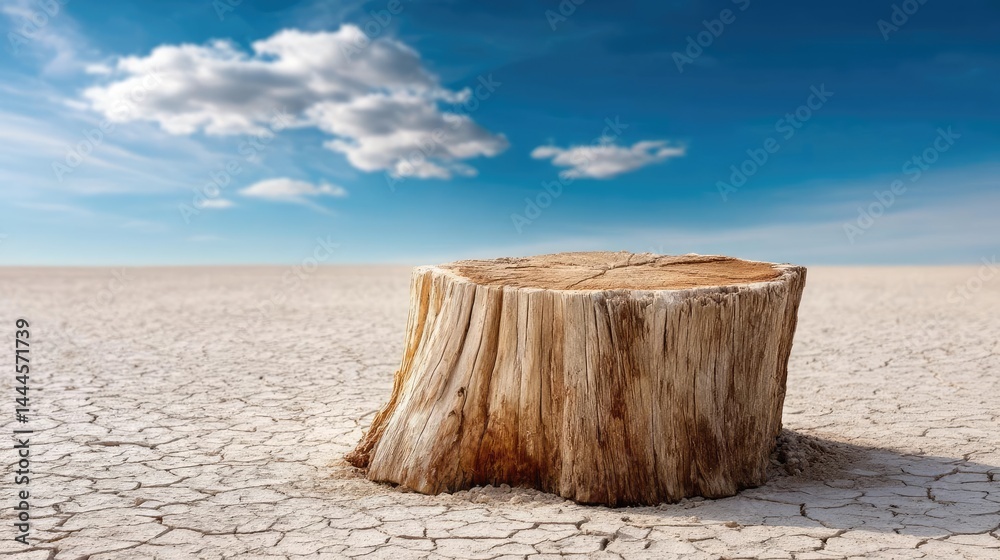 Poster tree stump representing environmental damage and forest decline concept. a dried landscape featuring
