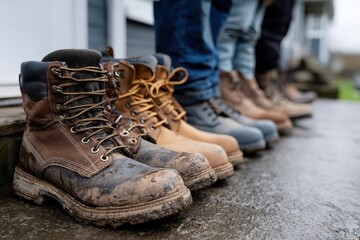 A diverse array of work boots sits neatly on a porch, showcasing different styles and conditions, reflecting the hardworking lifestyle of individuals engaging in various tasks.
