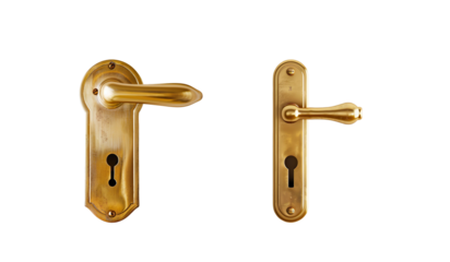  Elegant polished brass door handle with keyhole plate on a transparent background