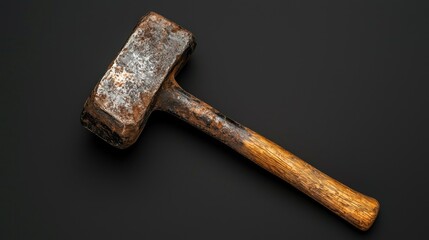 A heavily used sledgehammer lying on a dark colored surface