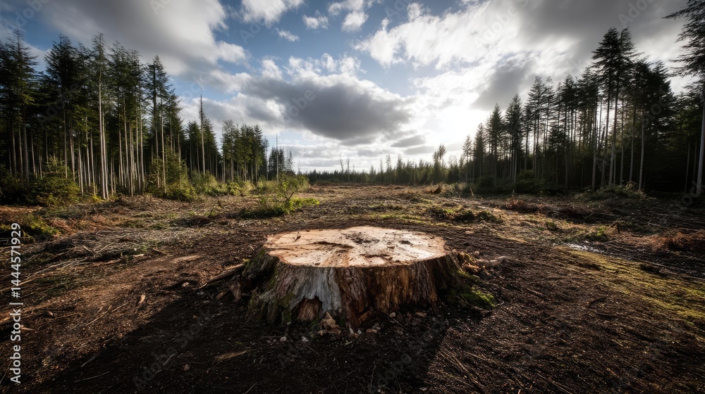 Poster tree stump exposing illegal forest damage and biodiversity loss concept. a tree stump in a deforeste