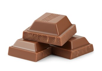 A close up view of three stacked chocolate squares on a white background with soft shadows around them