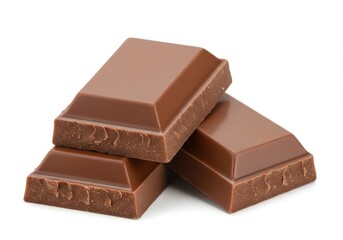 Fototapeta premium Close up of three milk chocolate pieces stacked on top of each other on a white background surface
