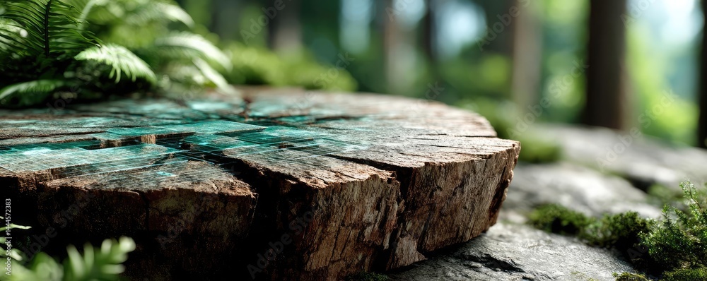 Poster Tree stump exposing illegal forest damage and biodiversity loss concept. A close-up of a moss-covered tree stump in a serene forest setting.
