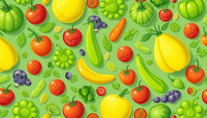 Whimsical green fruits & veggies seamless pattern; vibrant, healthy, fresh design, healthy, fresh