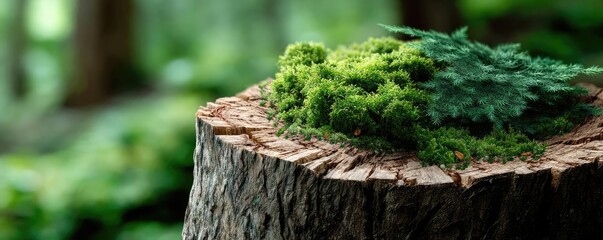 Tree stump exposing illegal forest damage and biodiversity loss concept. A close-up of moss growing on a tree stump in a lush forest.