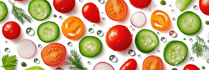Vibrant array of fresh vegetables including tomatoes, cucumbers, and herbs arranged artfully, with dew droplets adding a refreshing and invigorating appeal to the image.