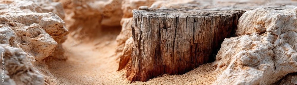 Aufkleber Tree stump representing environmental damage and forest decline concept. A close-up view of a weathered tree stump in sandy terrain.