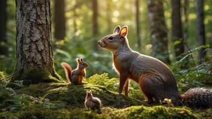 Obraz premium Animal background with wild forest creatures and natural habitat. Animal background with birds, deer, and playful squirrels. Calm sunny day in the wilderness. Wildlife event banner background concept.