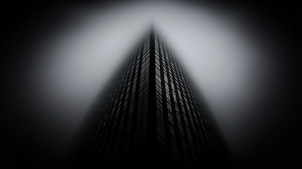 A tall building rises upward into a dense and atmospheric fog