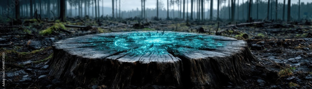 Poster tree stump reflecting deforestation and climate change crisis concept. a tranquil forest scene featu