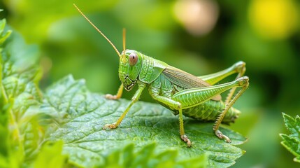 Grasshopper camouflaged on a leaf