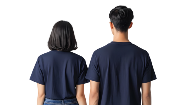 Back View Mockup of Indonesian Couple – Young Woman with Short Hair and Man Wearing Navy Blue T-Shirt and Jeans – Studio PNG Image - Powered by Adobe