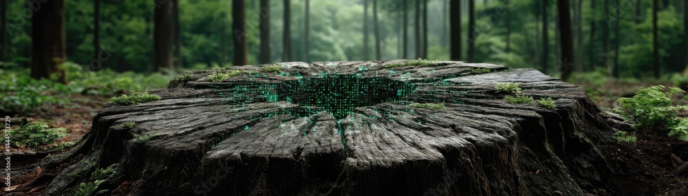 Poster tree stump reflecting deforestation and climate change crisis concept. a lush forest scene featuring
