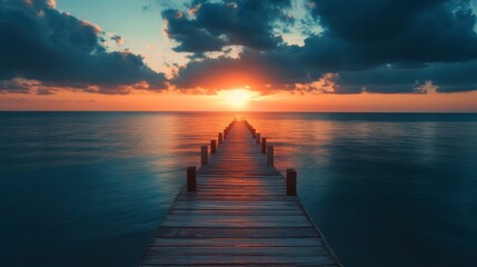 Obraz premium Serene sunset over calm ocean, wooden pier extending towards the horizon.