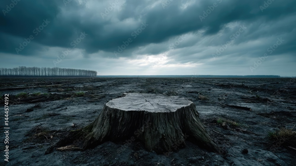 Poster tree stump representing environmental damage and forest decline concept. a lone tree stump on barren