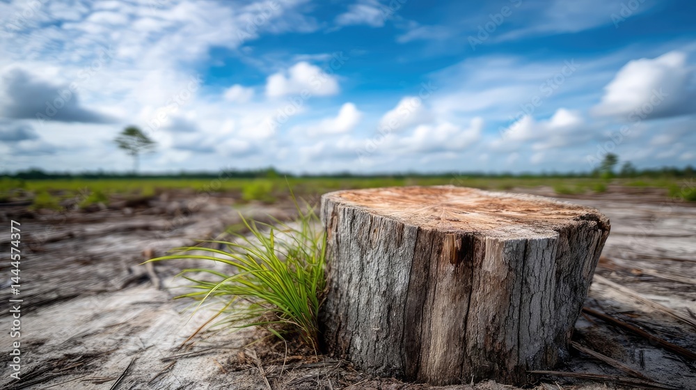 Poster tree stump exposing illegal forest damage and biodiversity loss concept. cut tree stump with grass, 