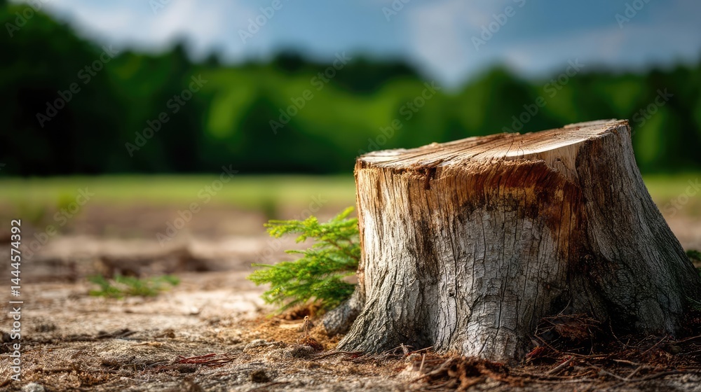 Poster tree stump exposing illegal forest damage and biodiversity loss concept. tree stump in a lush green 