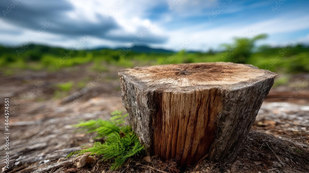 Poster tree stump exposing illegal forest damage and biodiversity loss concept. close-up of a tree stump su