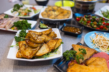 Taiwanese stir fry dishes with rice served at restaurant