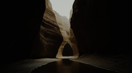 A dramatic canyon landscape with flowing water and interesting light