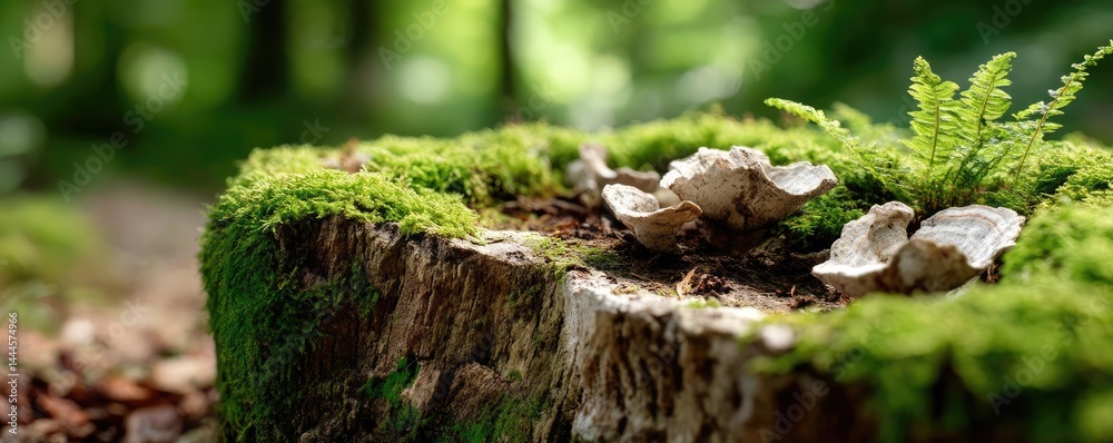Poster tree stump exposing illegal forest damage and biodiversity loss concept. a close-up of moss and mush