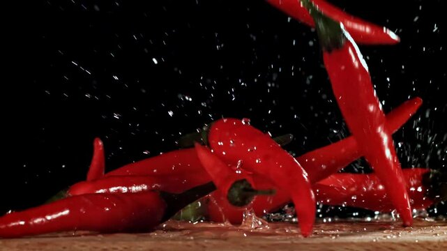 Red chili peppers fall on the table. Filmed on a high-speed camera at 1000 fps. High quality FullHD footage - Powered by Adobe