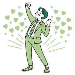 Excited Businessman In Green Suit Celebrating Success With Hearts and Rays Around Him