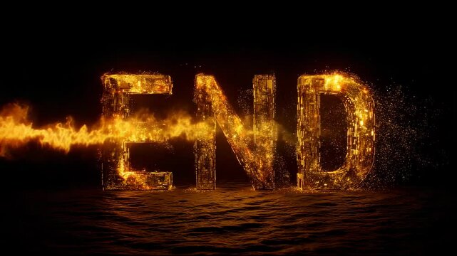 Fiery orange and yellow embers form the word END against a black background. Particles drift and smoke trails behind.