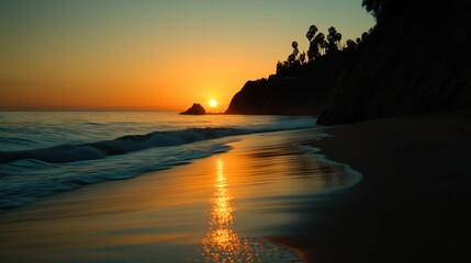 A beautiful golden sunset reflecting on the ocean waves and beach