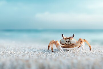 under 200 characters): A close-up of a crab on sandy beach with the ocean and sky blurred in the background, capturing a peaceful coastal scene.