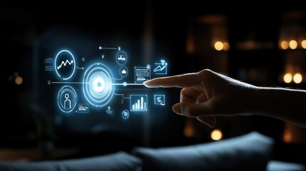 A hand interacts with abstract illuminated digital information icons