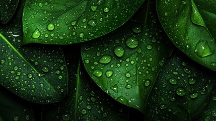 Close up view of many vibrant green leaves and water droplets