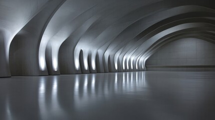 Fototapeta premium Modern, illuminated tunnel. A long, arched hallway, with smooth, light gray walls and a highly polished, reflective floor. Soft, ambient lighting accentuates the architectural design