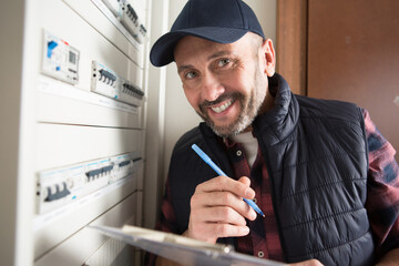 happy electrician builder engineer in front of fuse switch board