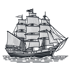 Sailing Ship on Water Illustration - Classic Tall Ship Drawing