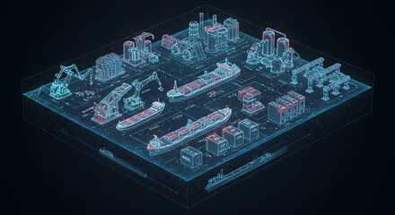 Cybernetic Port: Isometric Wireframe of Global Maritime Logistics