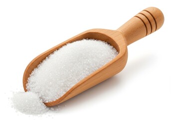 A wooden scoop filled with white granulated sugar sitting on a white surface in a studio shot