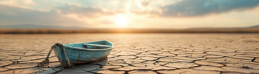 A small blue boat sits on cracked, dry earth under a dramatic sunset, highlighting drought and environmental change.