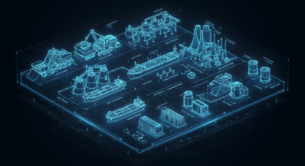 Isometric Wireframe of Global Industrial Complex & Maritime Trade
