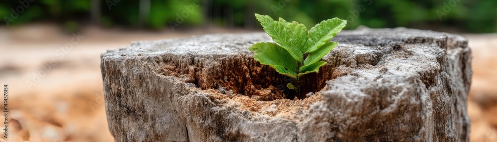 Poster tree stump representing environmental damage and forest decline concept. new green sprout emerging f