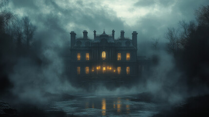 Mysterious haunted mansion foggy landscape atmospheric photography eerie environment dark viewpoint...