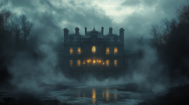 Mysterious haunted mansion foggy landscape atmospheric photography eerie environment dark viewpoint spooky concept